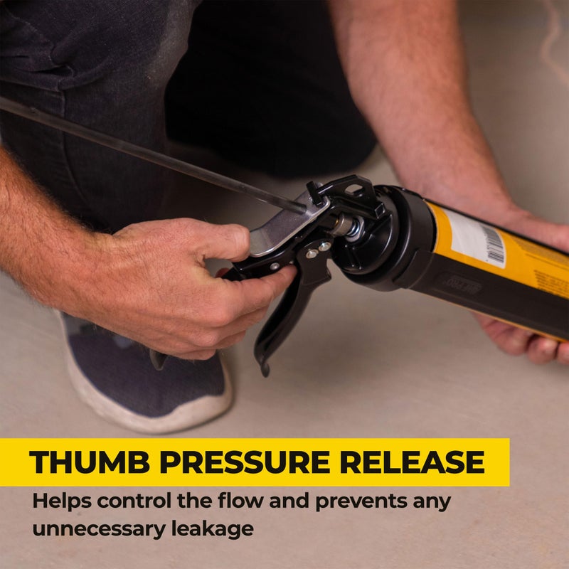 AWF PRO Heavy Duty Caulk Gun, 18:1 Thrust Ratio, Steel Frame Construction, Rotating Barrel, Ladder Hook, Puncture Tool & No Drip Pressure Release Tab, 10 oz Caulking Gun - Image 4